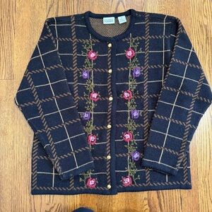 Classic Elements Black Tan Pink Purple Floral Cardigan Sweater Size Medium